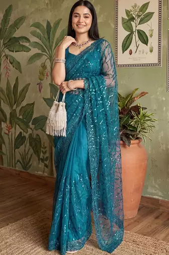Teal embellished sequinned net designer saree