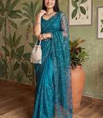 Teal embellished sequinned net designer saree