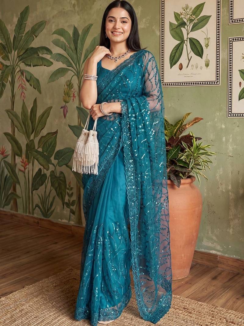 Teal embellished sequinned net designer saree