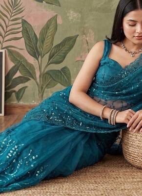 Teal embellished sequinned net designer saree 2