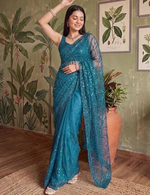 Teal embellished sequinned net designer saree 3