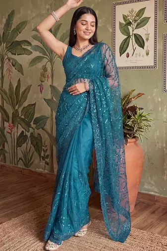 Teal embellished sequinned net designer saree