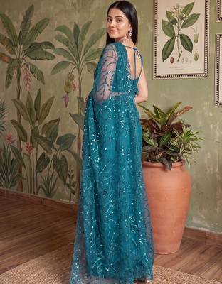 Teal embellished sequinned net designer saree 4