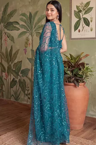 Teal embellished sequinned net designer saree