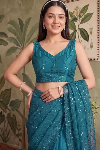 Teal embellished sequinned net designer saree