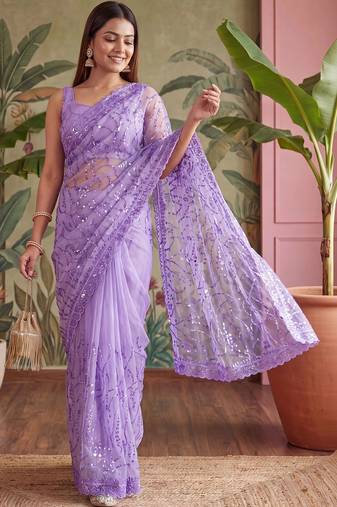 Lavender floral sequinned net designer saree
