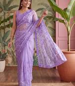 Lavender floral sequinned net designer saree