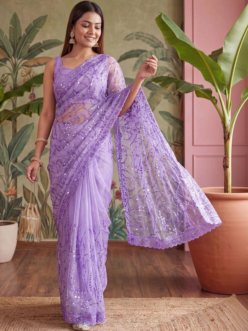 Lavender floral sequinned net designer saree