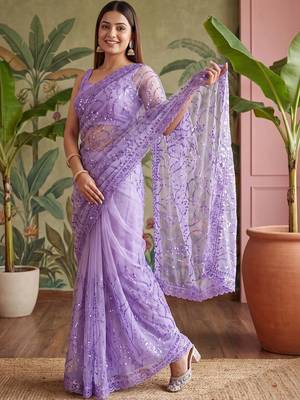 Lavender floral sequinned net designer saree 2