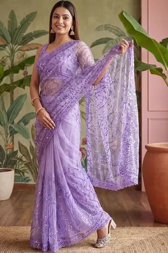 Lavender floral sequinned net designer saree