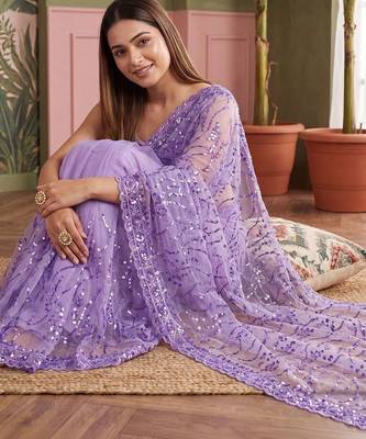 Lavender floral sequinned net designer saree 3