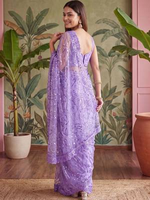 Lavender floral sequinned net designer saree 4