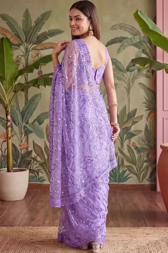 Lavender floral sequinned net designer saree