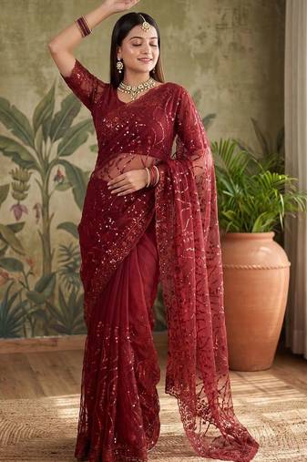 Maroon floral sequinned net designer saree