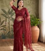 Maroon floral sequinned net designer saree