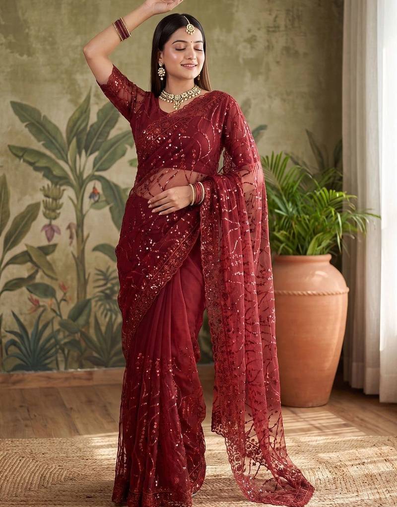 Maroon floral sequinned net designer saree