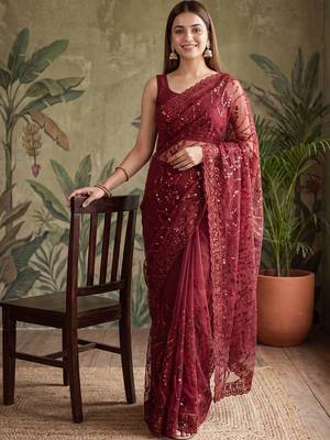 Maroon floral sequinned net designer saree 2