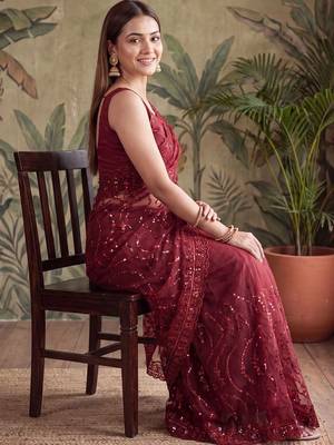 Maroon floral sequinned net designer saree 3
