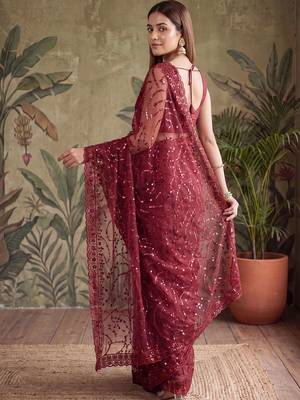 Maroon floral sequinned net designer saree 4