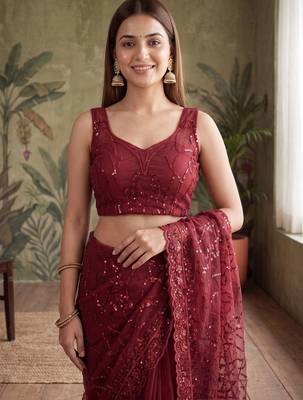Maroon floral sequinned net designer saree 5