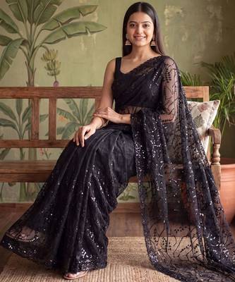 Black floral sequinned net designer saree 1