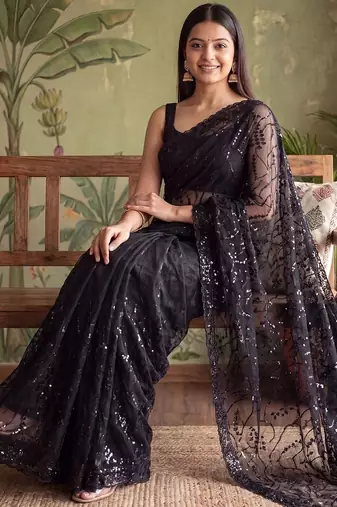 Black floral sequinned net designer saree