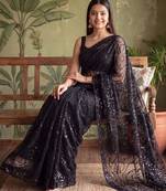 Black floral sequinned net designer saree