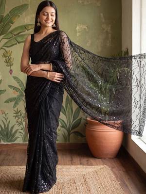 Black floral sequinned net designer saree 2