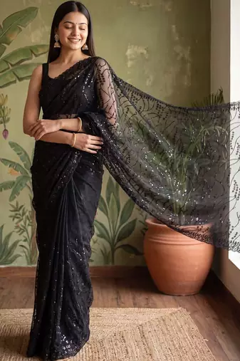 Black floral sequinned net designer saree