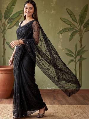 Black floral sequinned net designer saree 3