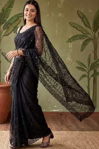 Black floral sequinned net designer saree