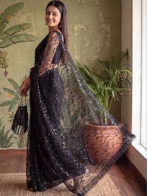 Black floral sequinned net designer saree 4