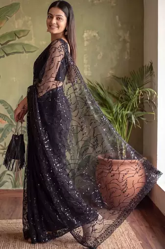 Black floral sequinned net designer saree