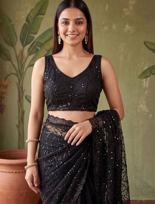Black floral sequinned net designer saree 5