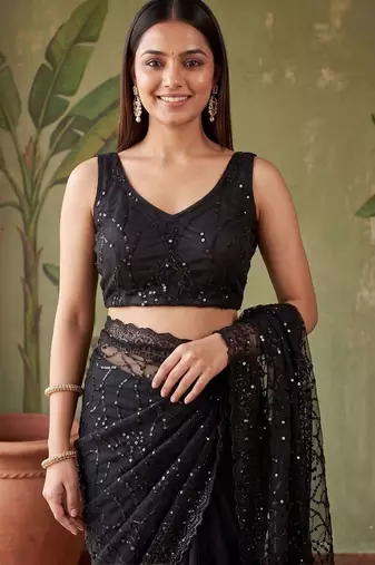 Black floral sequinned net designer saree