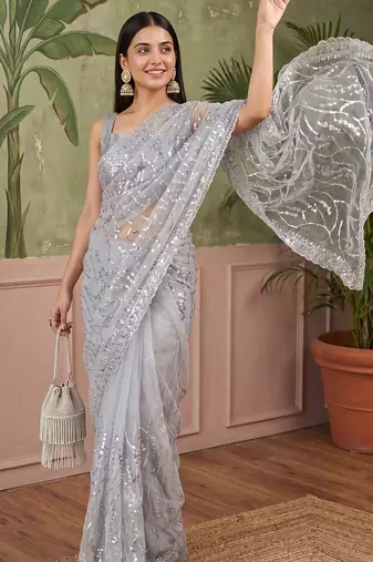 Grey floral sequinned net designer saree