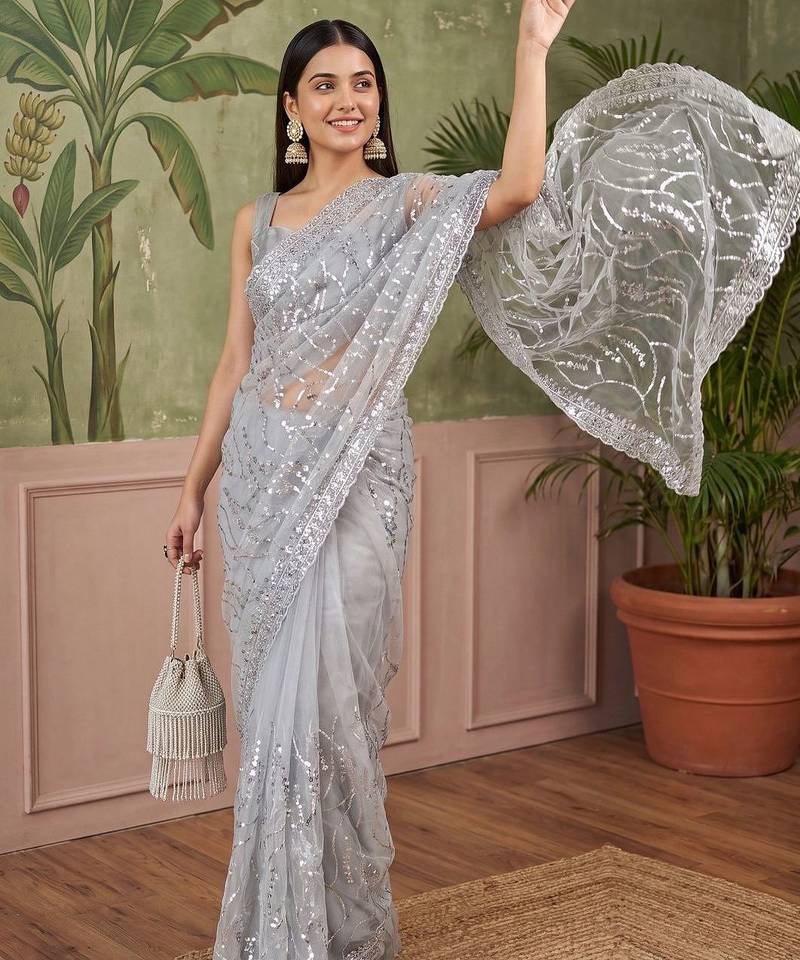 Grey floral sequinned net designer saree