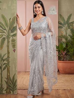 Grey floral sequinned net designer saree 2