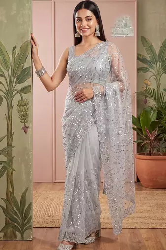 Grey floral sequinned net designer saree