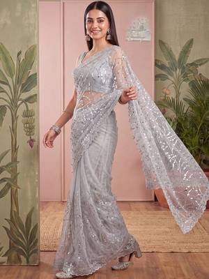 Grey floral sequinned net designer saree 3