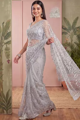 Grey floral sequinned net designer saree