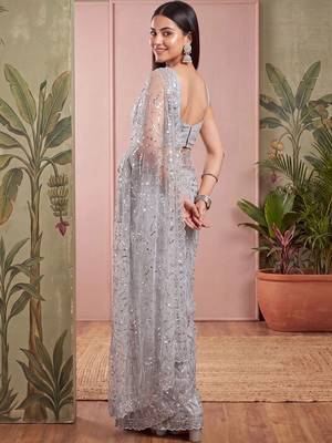 Grey floral sequinned net designer saree 4