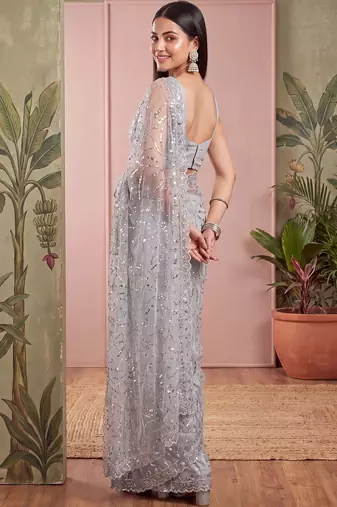 Grey floral sequinned net designer saree