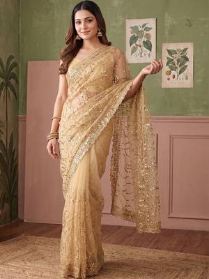 Gold floral sequinned net designer saree 1