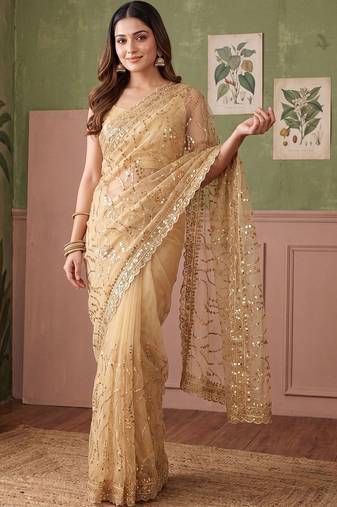 Gold floral sequinned net designer saree