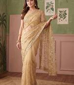 Gold floral sequinned net designer saree