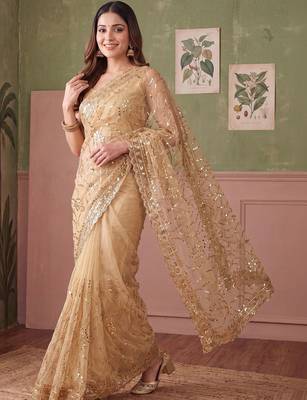 Gold floral sequinned net designer saree 2