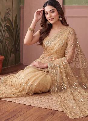 Gold floral sequinned net designer saree 3