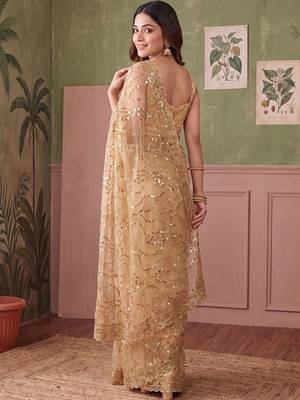 Gold floral sequinned net designer saree 4
