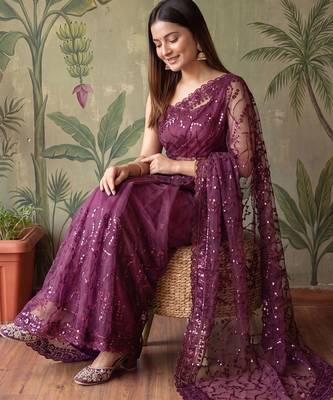 Purple floral sequinned net designer saree 1